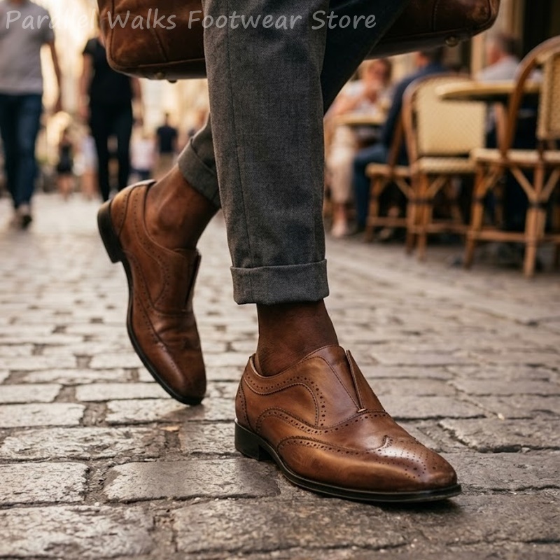 Men'S Shoes Brogues - 남성용 브라운 가죽 브로그 슈즈 슬립온