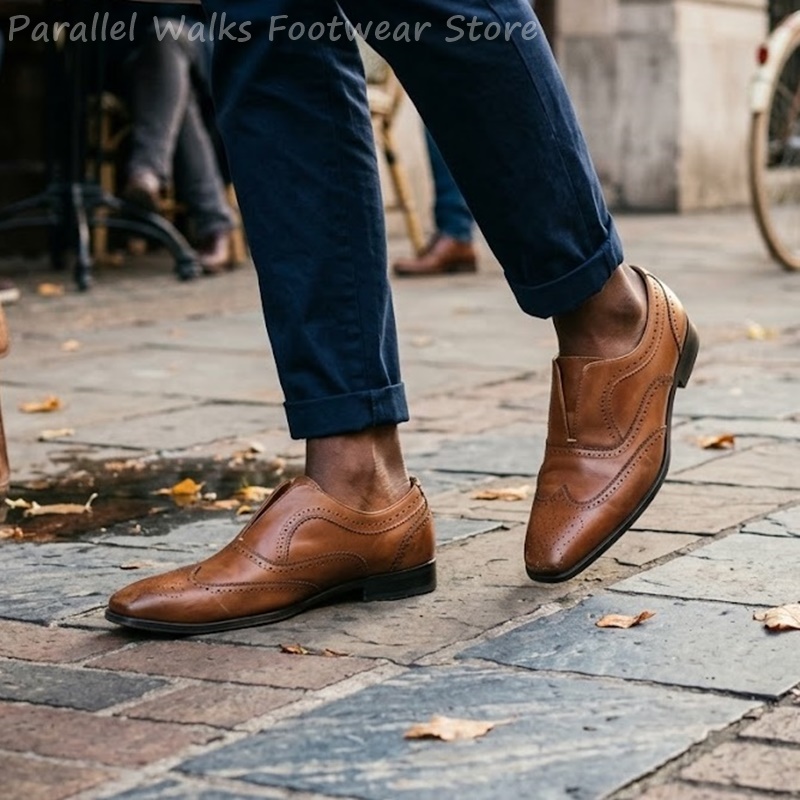 남성용 브라운 가죽 브로그 슈즈 슬립온 탄성 천공 윙팁 - Men'S Shoes Brogues 리뷰 및 가격