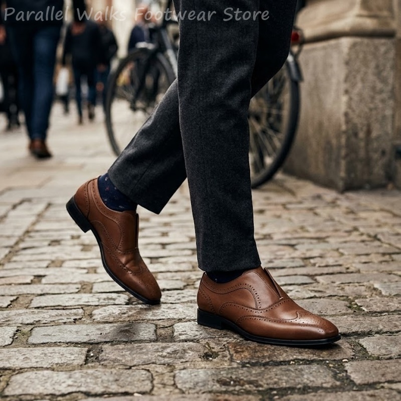 남성용 브라운 가죽 브로그 슈즈 슬립온 탄성 천공 윙팁 - Men'S Shoes Brogues 리뷰 및 가격